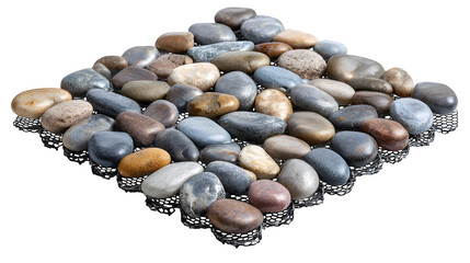 Pebble tile mat, interlocking mesh backing, mixed polished river stones, isolated on Transparent background