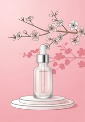 Elegant serum bottle presentation with cherry blossoms for skincare promotion