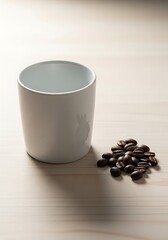 Elegant simplicity a coffee cup next to a heap of roasted beans on wooden table