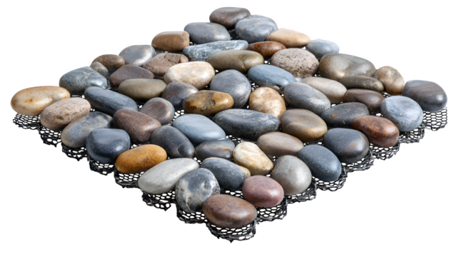 Pebble tile mat, interlocking mesh backing, mixed polished river stones, isolated on Transparent background