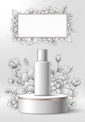 Elegant skincare product display with floral frame and botanical decorations concept