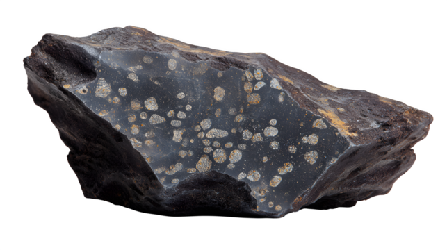 Iron meteorite fragment, dark exterior, subtle etched Widmanst?tten pattern, isolated on Transparent background