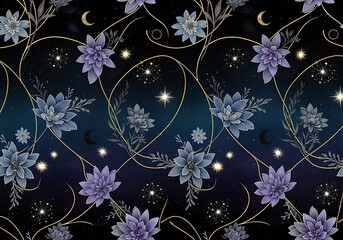 Enchanting celestial garden, a seamless floral pattern with stars and moon design