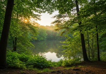 Obraz premium Serene forest lake bathed in golden sunrise light through lush green trees
