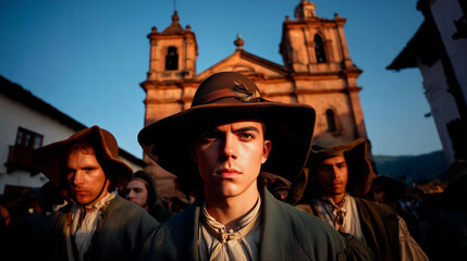 Mexican Independence Day Reenactment Featuring Historical Characters in Traditional Colonial-Era Costumes