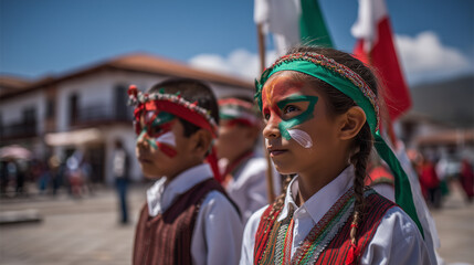Indigenous Children with Face Paint and Mexican Flags Celebrating Independence Day