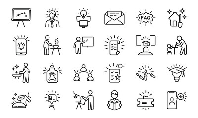 Business and Data Analytics Line Icons Set with Light Up Effect – KPI, Graphs, Charts, Marketing Strategy, Report, Cloud, Planning, and Performance Metrics Symbols on White Background