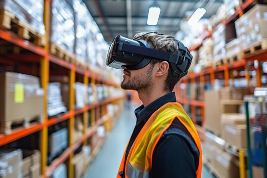 Warehouse managers using virtual reality to control stock levels, highlighting how technology is transforming inventory management and supply chain operations, Generative AI