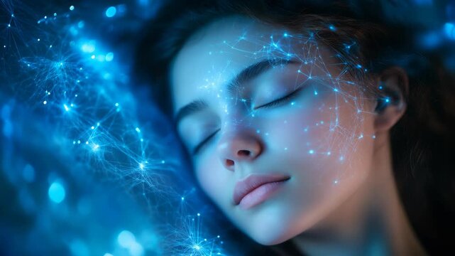 Portrait of a serene young woman sleeping peacefully while surrounded by glowing digital neural networks, symbolizing deep sleep, artificial intelligence, futuristic dreams, and human-machine fusion