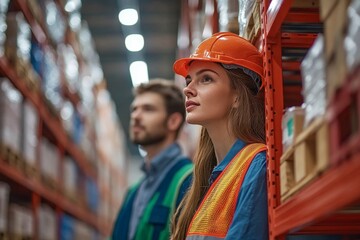 Female warehouse manager discussing logistics with an employee in the warehouse, planning the transport of products and goods for shipment, optimizing the supply chain, Generative AI
