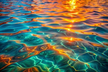 Photo of closeup of vibrant turquoise and orange water surface with sunlight reflecting and refracting, creating mesmerizing patterns