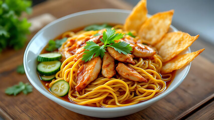 Delicious chicken noodle soup with fresh cucumbers and crispy wontons, a perfect comfort meal.