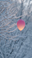 Pink balloon glows gently, caught in snow covered tree branches