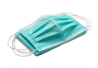 A stack of disposable bluegreen medical face masks with ear loops is presented against a plain transparent background for protection