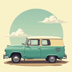 Vintage turquoise station wagon parked on sandy road beneath soft clouds and pale blue sky evokes nostalgic road trip adventures and carefree summer travel