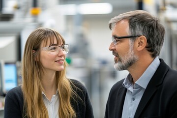 Female engineer and male production manager discussing production processes in a state-of-the-art industrial factory, with a focus on robotics and automation in manufacturing, Generative AI