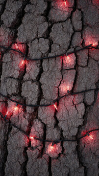 Red lights on cracked tree bark create warm, festive atmosphere
