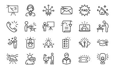 Business and Data Analytics Line Icons Set with Light Up Effect – KPI, Graphs, Charts, Marketing Strategy, Report, Cloud, Planning, and Performance Metrics Symbols on White Background