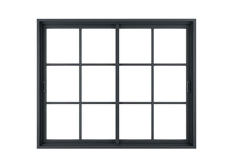A modern dark grey sliding window with multiple glass panes and a grid pattern offering a view to the outside isolated on transparent background