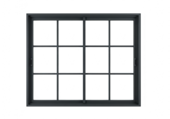 A modern dark grey sliding window with multiple glass panes and a grid pattern offering a view to the outside isolated on transparent background