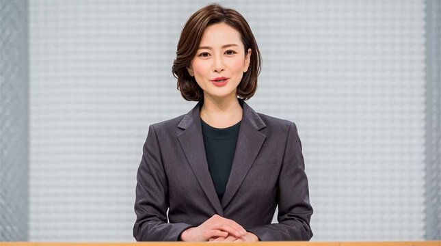 Japanese TV channel moderator. TV hostess. Newscaster. Evening news broadcast