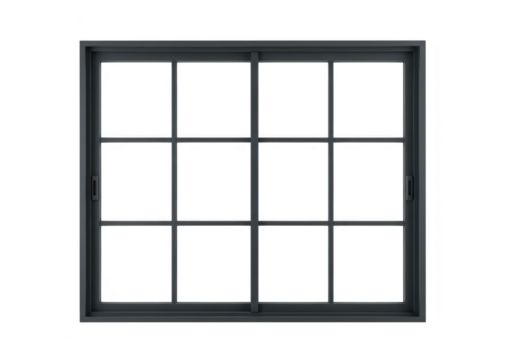 A modern dark grey sliding window with multiple glass panes and a grid pattern offering a view to the outside isolated on transparent background - Powered by Adobe