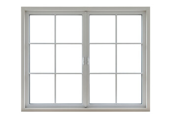 A contemporary white framed window featuring a sixoversix grid pattern of glass panes is isolated on a clean transparent background