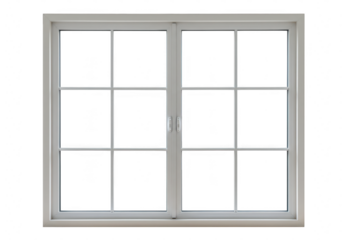 A contemporary white framed window featuring a sixoversix grid pattern of glass panes is isolated on a clean transparent background