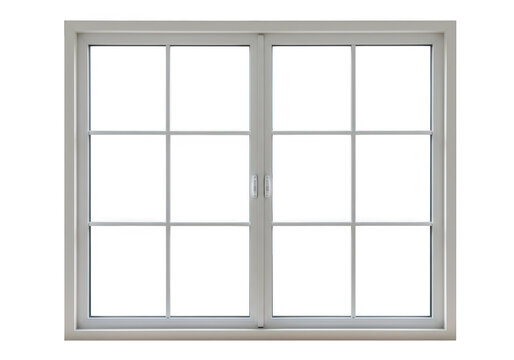 A contemporary white framed window featuring a sixoversix grid pattern of glass panes is isolated on a clean transparent background