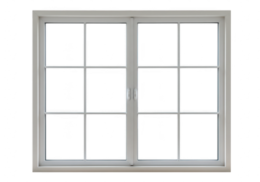 A contemporary white framed window featuring a sixoversix grid pattern of glass panes is isolated on a clean transparent background