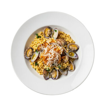 A gourmet serving of Sardinian fregola con arsella e bottarga, clams and grated cured fish roe, in a transparent bowl on a transparent background, bright studio high-key lighting, concept of