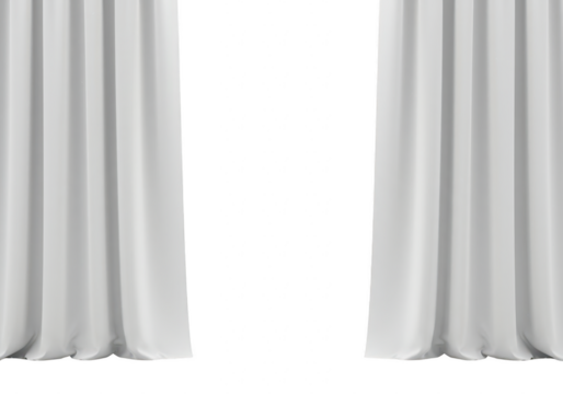 Two elegant white fabric curtains are parted revealing a blank white space between them creating a sense of openness and simplicity isolated on