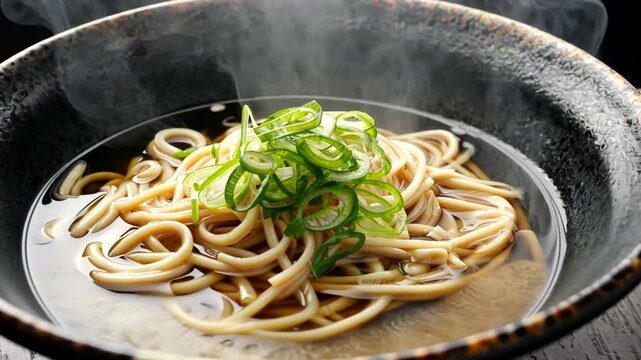 A steaming bowl of soba noodles garnished with green onions served in a rustic bowl