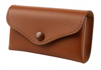 A small brown leather pouch with a buttoned flap and stitched seams is shown closed isolated against a transparent background