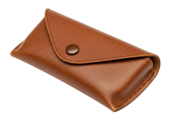 A closed brown leather case for eyeglasses or sunglasses with a snap button closure isolated on a transparent background