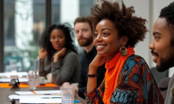 Candid image of diverse and inclusive colleagues collaborating and smiling during a work meeting, setting goals and contributing to team building in a positive environment, Generative AI