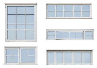 A collage of five different modern white framed windows with multiple glass panes isolated on a clean transparent background