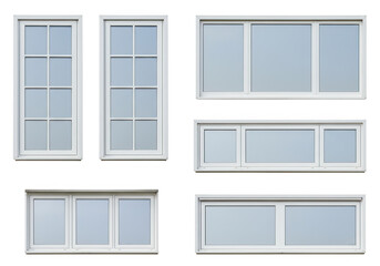 A collection of six different modern white framed windows including tall wide and sliding styles isolated against a transparent background