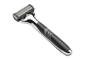 A modern ergonomic razor with a chrome and black handle is isolated on a transparent background ready for shaving