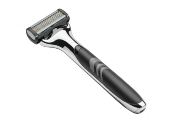 A modern ergonomic razor with a chrome and black handle is isolated on a transparent background ready for shaving
