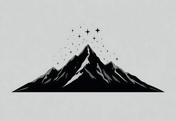 Majestic Mountain Silhouette with Celestial Stars. A striking silhouette of a mountain range against a light gray background.