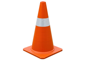 An orange traffic safety cone with reflective white bands is positioned on a white surface marking a temporary hazard or area isolated on transparent