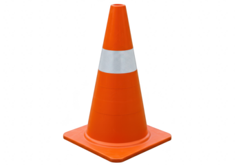 An orange traffic safety cone with reflective white bands is positioned on a white surface marking a temporary hazard or area isolated on transparent