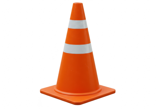 A bright orange traffic cone with white reflective stripes stands upright on a transparent background indicating a safety or construction zone