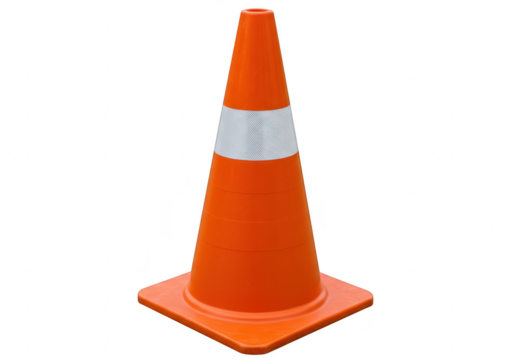 An orange traffic safety cone with reflective white bands is positioned on a white surface marking a temporary hazard or area isolated on transparent