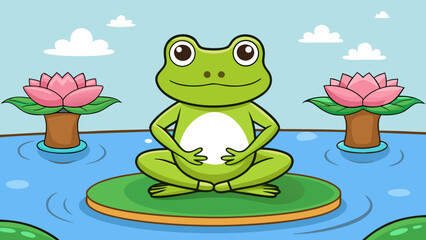 Cartoon frog doing yoga on a lily pad peaceful pond background with lotus flowers relaxing vector flat art
