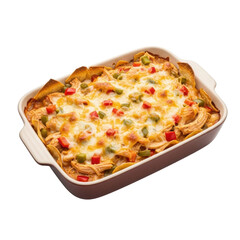 King Ranch Chicken Casserole in rustic ceramic dish, golden-brown top, bubbling cheese, chicken, peppers, on transparent background, appetizing food photography concept