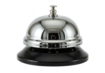 A shiny chrome service bell with a black base sits on a transparent background ready to be rung for assistance