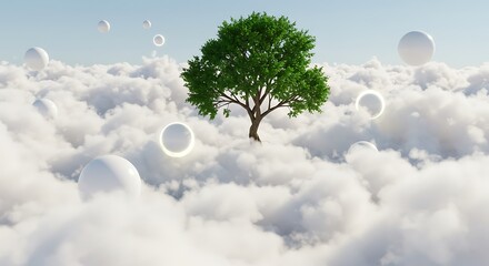 Serene Cloudscape: Lush Tree in a Dreamlike 3D Render