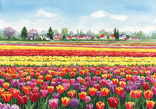 Vibrant Tulip Fields Watercolor: Spring's Colorful Embrace - Powered by Adobe